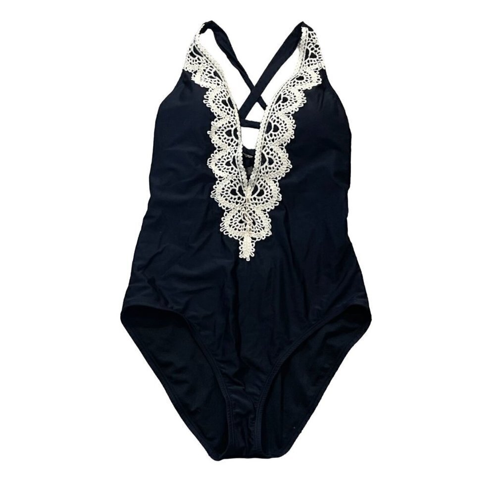 BCA One Piece Bathing Swimsuit Crochet Trim Black Tie Back Size XL Extra Large